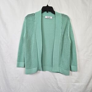 Jones Studio Women Mint Green Crochet 3/4 Sleeve Open Front Knit Cardigan Medium